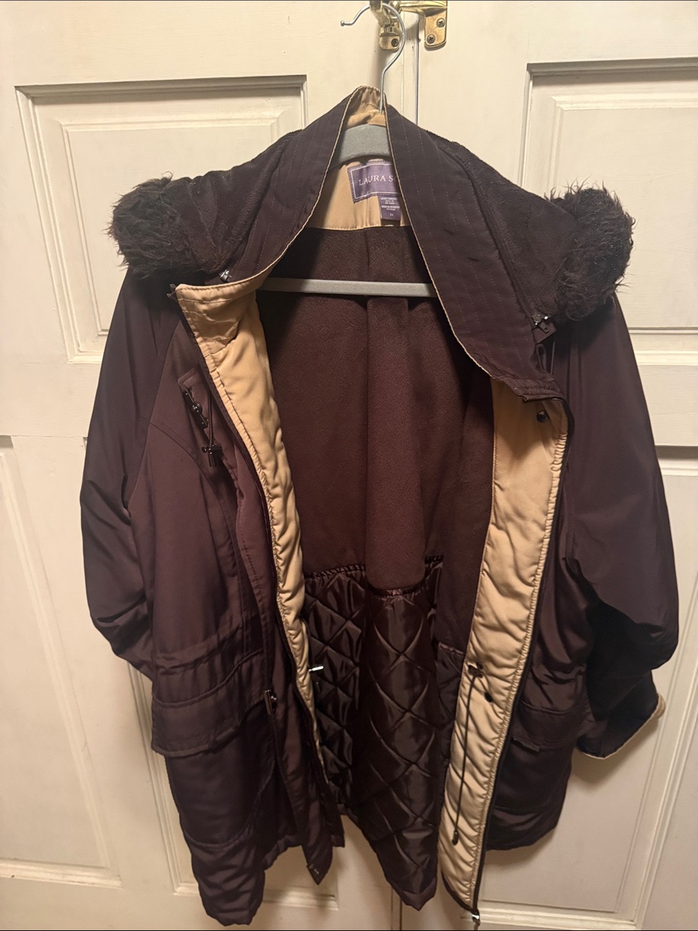 Laura Scott Brown Hooded Puffer Coat with Faux-Fur Trim
